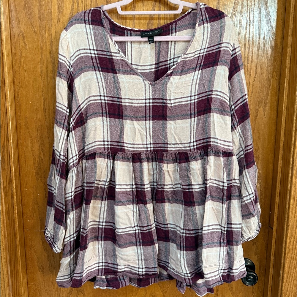 Lane Bryant Burgundy Plaid V-Neck Blouse size 22/24